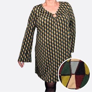 Emma & Michele NWT Geometric 60s Retro Ring Neck Shift Dress 0X Long Bell Sleeve